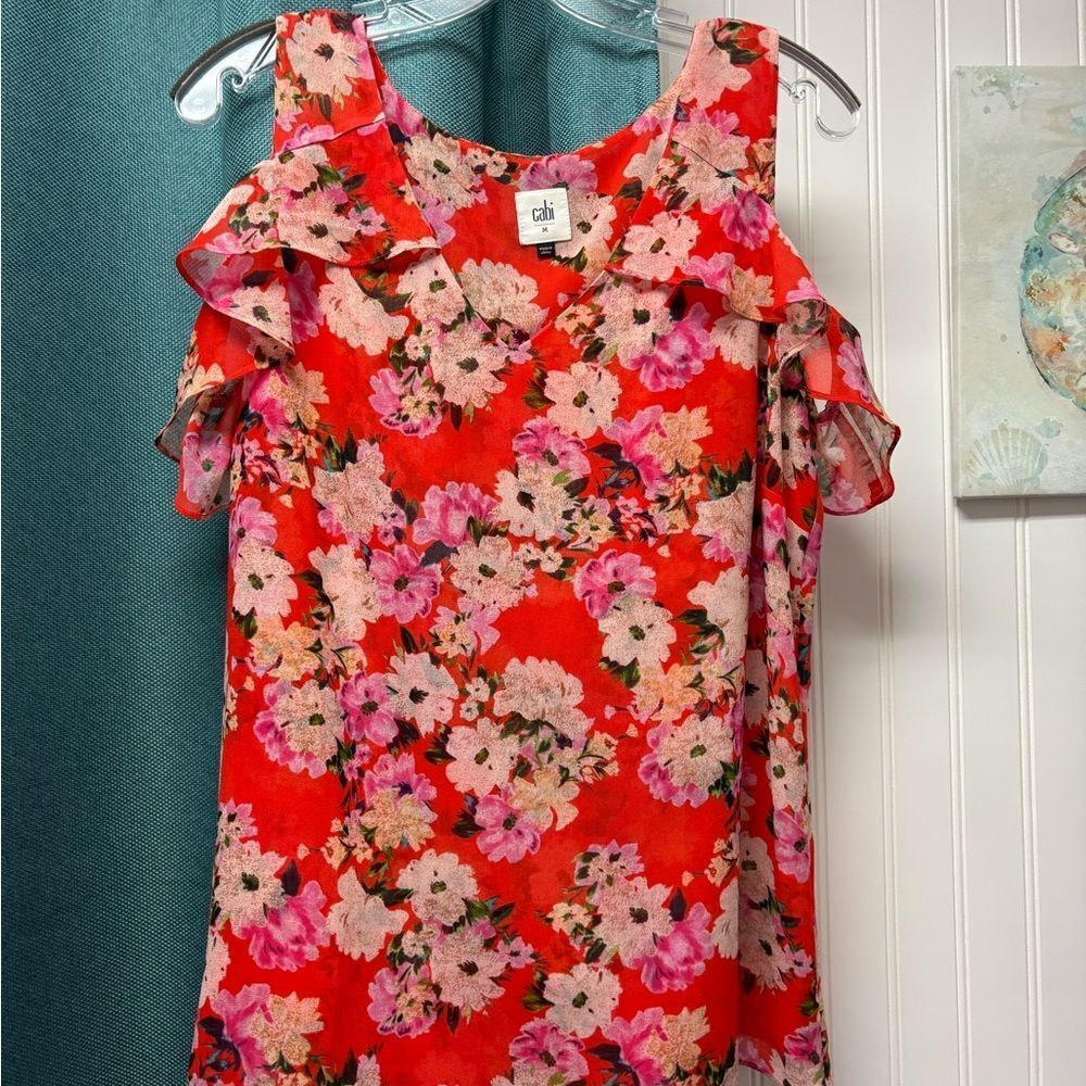CAbi Red and Pink Floral Off the Shoulder Blouse Size M